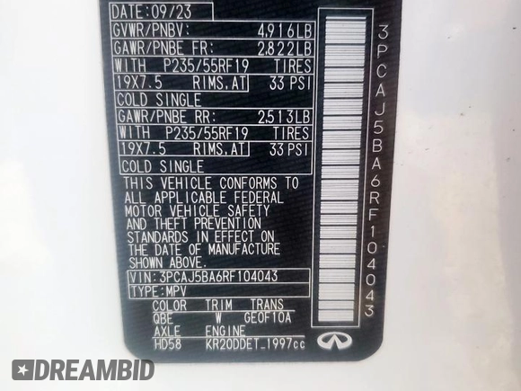 2024 Infiniti QX50 Luxe z VIN 3PCAJ5BA6RF104043, wystawiony jako Copart lot #59015075 z przebiegiem 13 276 mil mil oraz Szkoda całkowita • Salvage title. Historia ofert i sprzedaży dostępna na DreamBid. Obrazek 13.