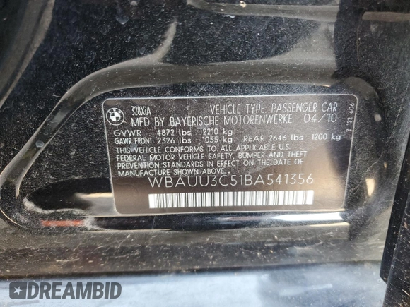 2011 BMW 3 Series 328i xDrive with VIN WBAUU3C51BA541356, listed as a Copart auction lot 61220315 with 120,707 mi miles and Salvage title. Bid and sale history available at DreamBid. Image 13.