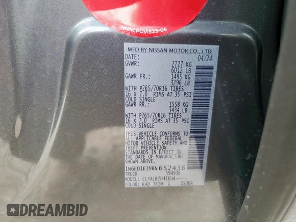 2024 Nissan Frontier SV z VIN 1N6ED1EJ9RN652436, wystawiony jako Copart lot #58829885 z przebiegiem 18 520 mil mil oraz Szkody całkowita. Historia ofert i sprzedaży dostępna na DreamBid. Obrazek 12.