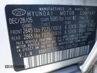 2006 Hyundai Santa Fe GLS with VIN KM8SC13D76U105720, listed as a IAAI auction lot 41559249 with 180,436 mi miles. Bid and sale history available at carsss.com. Image 9.