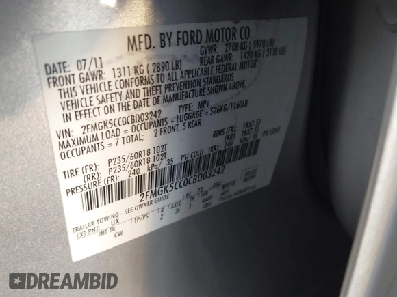 2012 Ford Flex SEL z VIN 2FMGK5CC0CBD03242, wystawiony jako IAAI lot #42159585 z przebiegiem 155 128 mil mil oraz . Historia ofert i sprzedaży dostępna na DreamBid. Obrazek 9.