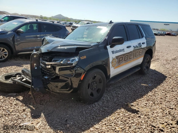 2023 Chevrolet Tahoe Commercial with VIN 1GNSCLED2PR452185, listed as a Copart auction lot 67474434 with 10,595 mi miles and Salvage Title. Bid and sale history available at carsss.com. Image 1.
