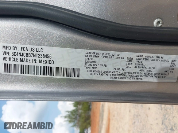 2022 Jeep Compass Latitude with VIN 3C4NJCBB7NT238456, listed as a IAAI auction lot 42489263 with 53,152 mi miles and . Bid and sale history available at DreamBid. Image 9.