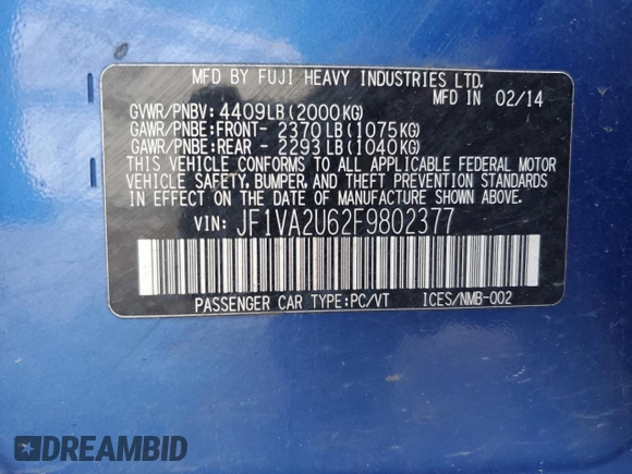 2015 Subaru WRX STI Limited with VIN JF1VA2U62F9802377, listed as a Copart auction lot 57689134 with 92,690 mi miles and Salvage title. Bid and sale history available at DreamBid. Image 13.