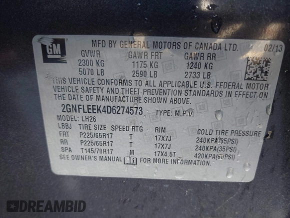 2013 Chevrolet Equinox LT with VIN 2GNFLEEK4D6274573, listed as a IAAI auction lot 41753070 with 148,710 mi miles and . Bid and sale history available at carsss.com. Image 9.