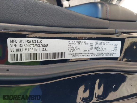 2021 Dodge Durango R/T with VIN 1C4SDJCT3MC806766, listed as a IAAI auction lot 41426865 with 62,919 mi miles and . Bid and sale history available at DreamBid. Image 9.