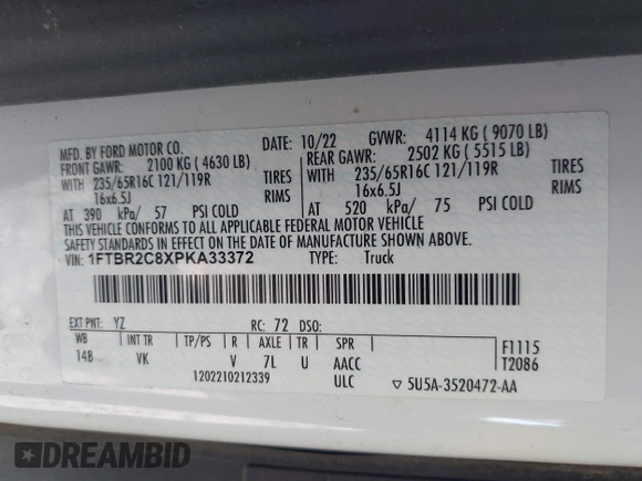 2023 Ford Transit Cargo with VIN 1FTBR2C8XPKA33372, listed as a IAAI auction lot 41735299 with 56,777 mi miles and . Bid and sale history available at DreamBid. Image 9.