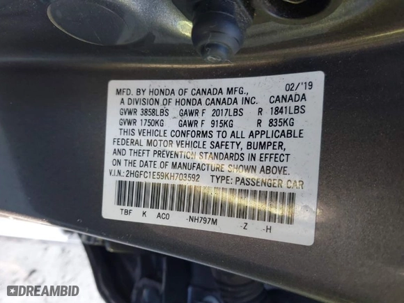 2019 Honda Civic Si Sedan with VIN 2HGFC1E59KH703592, listed as a IAAI auction lot 38735418 with 103,791 mi miles. Bid and sale history available at carsss.com. Image 9.