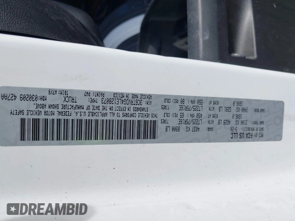 2020 Ram ProMaster Cargo with VIN 3C6TRVDG4LE128073, listed as a IAAI auction lot 41094130 with Not Provided miles and . Bid and sale history available at carsss.com. Image 9.