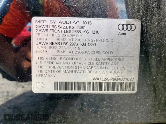 2016 Audi Q5 Premium Plus z VIN WA1L2AFP6GA071087, wystawiony jako Copart lot #59998605 z przebiegiem 134 075 mil mil oraz Szkoda całkowita • Salvage title. Historia ofert i sprzedaży dostępna na DreamBid. Obrazek 14.