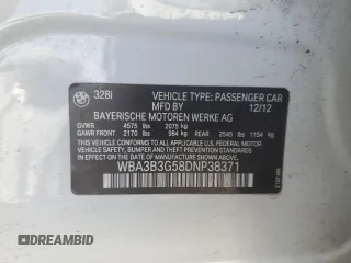 2013 BMW 3 Series 328i xDrive with VIN WBA3B3G58DNP38371, listed as a Copart auction lot 87874785 with 72,398 mi miles and Salvage Title. Bid and sale history available at carsss.com. Image 12.