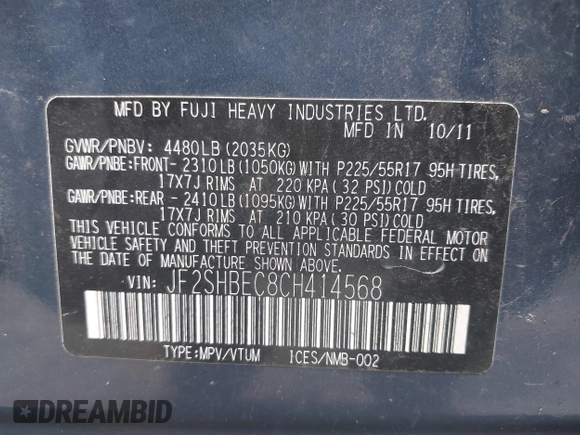 2012 Subaru Forester X Limited с VIN JF2SHBEC8CH414568, выставлен на аукционе IAAI как лот 42310369 с пробегом 211 387 миль миль и . История ставок и продаж доступна на DreamBid. Изображение 9.
