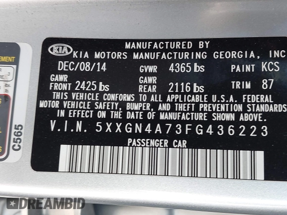 2015 Kia Optima EX with VIN 5XXGN4A73FG436223, listed as a IAAI auction lot 41970418 with 174,002 mi miles. Bid and sale history available at carsss.com. Image 9.
