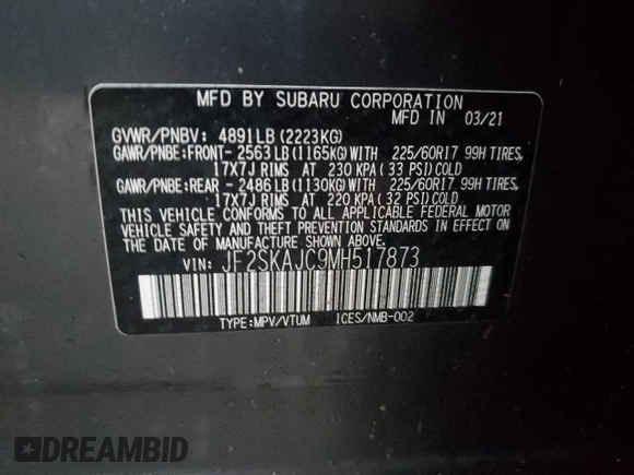 2021 Subaru Forester Premium z VIN JF2SKAJC9MH517873, wystawiony jako Copart lot #84837204 z przebiegiem 81 512 mil mil oraz Nie do naprawy • Non repairable. Historia ofert i sprzedaży dostępna na DreamBid. Obrazek 13.
