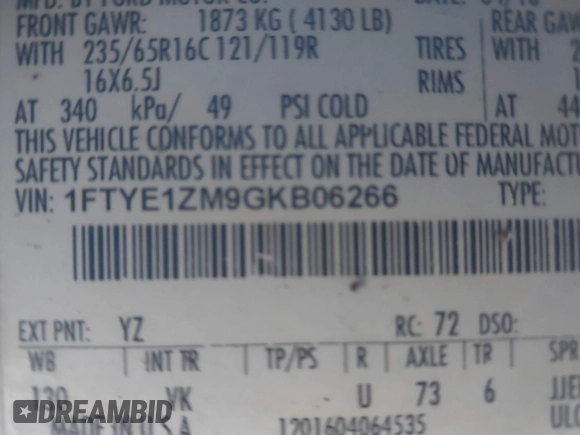 2016 Ford Transit Cargo with VIN 1FTYE1ZM9GKB06266, listed as a IAAI auction lot 41925586 with 165,779 mi miles and . Bid and sale history available at carsss.com. Image 9.
