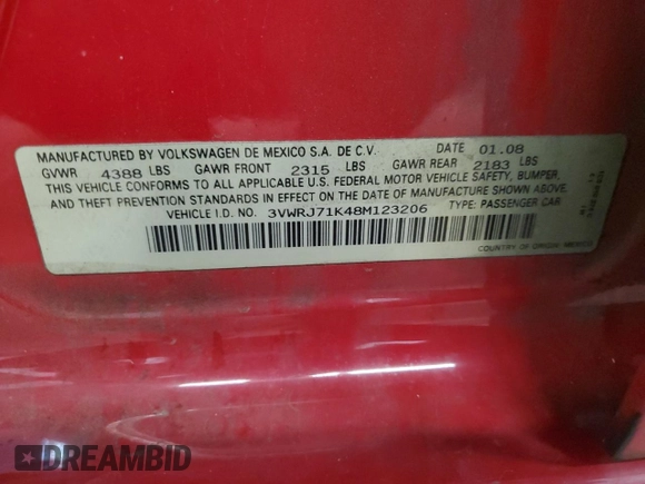 2008 Volkswagen Jetta Wolfsburg Edition with VIN 3VWRJ71K48M123206, listed as a Copart auction lot 66570624 with 190,432 mi miles and Salvage title. Bid and sale history available at DreamBid. Image 12.