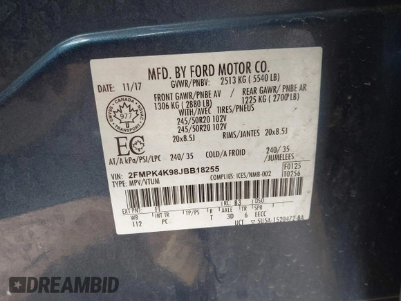 2018 Ford Edge Titanium with VIN 2FMPK4K98JBB18255, listed as a IAAI auction lot 41875471 with 166,896 mi miles. Bid and sale history available at carsss.com. Image 9.