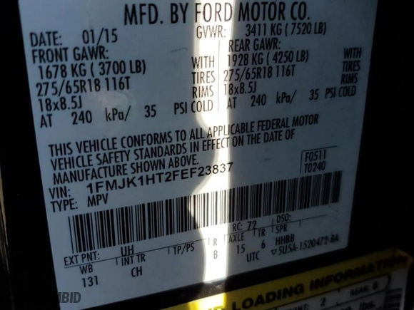 2015 Ford Expedition EL XLT with VIN 1FMJK1HT2FEF23837, listed as a Copart auction lot 45895415 with 156,641 mi miles and Salvage Title. Bid and sale history available at carsss.com. Image 14.