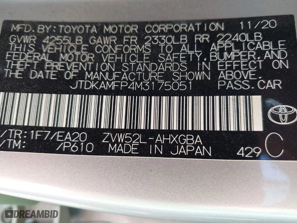 2021 Toyota Prius Prime LE with VIN JTDKAMFP4M3175051, listed as a IAAI auction lot 41856383 with 106,642 mi miles. Bid and sale history available at carsss.com. Image 9.