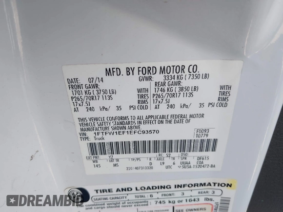 2014 Ford F-150 XL with VIN 1FTFW1EF1EFC93570, listed as a IAAI auction lot 41652787 with 265,015 mi miles. Bid and sale history available at carsss.com. Image 9.