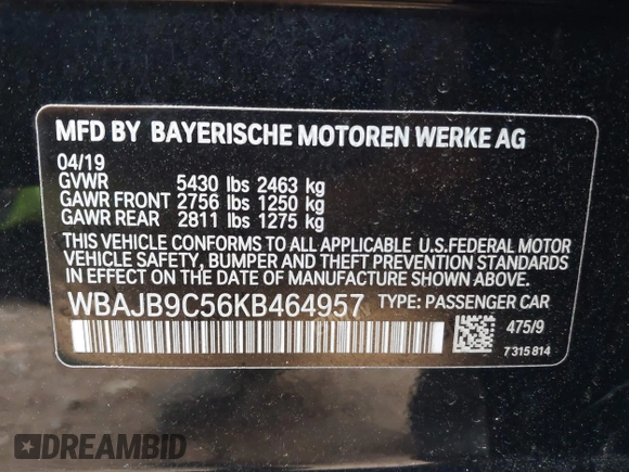 2019 BMW 5 Series M550i xDrive with VIN WBAJB9C56KB464957, listed as a IAAI auction lot 41729334 with Not provided miles and . Bid and sale history available at DreamBid. Image 9.