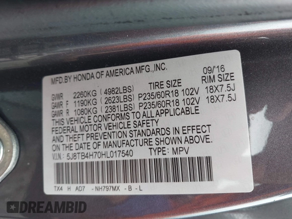 2017 Acura RDX Advance с VIN 5J8TB4H70HL017540, выставлен на аукционе IAAI как лот 42403692 с пробегом Не указан миль и . История ставок и продаж доступна на DreamBid. Изображение 9.