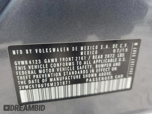 2019 Volkswagen Jetta S с VIN 3VWC57BU7KM231871, выставлен на аукционе Copart как лот 58493755 с пробегом 101 952 миль миль и Чистый • Clean title. История ставок и продаж доступна на DreamBid. Изображение 12.