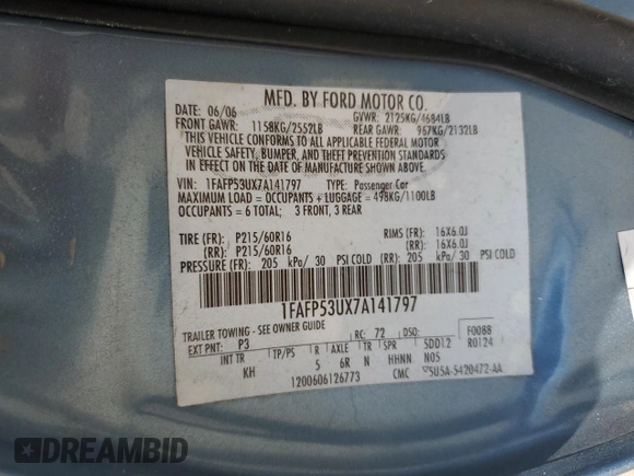 2007 Ford Taurus SE with VIN 1FAFP53UX7A141797, listed as a Copart auction lot 60745515 with Not provided miles and Non repairable. Bid and sale history available at DreamBid. Image 12.