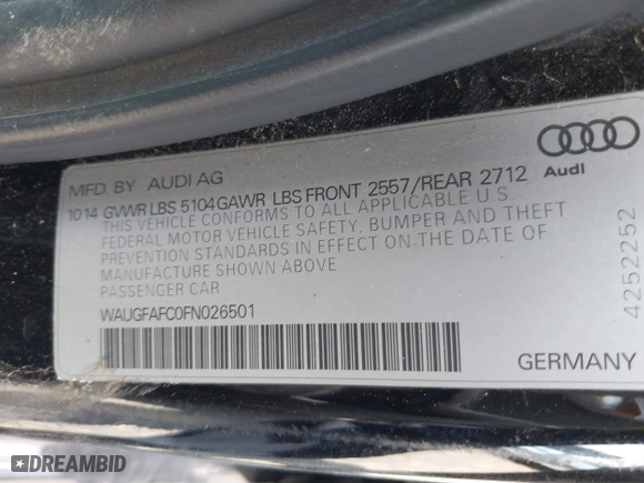 2015 Audi A6 2.0T Premium Plus with VIN WAUGFAFC0FN026501, listed as a IAAI auction lot 40129539 with 48,269 mi miles. Bid and sale history available at carsss.com. Image 9.