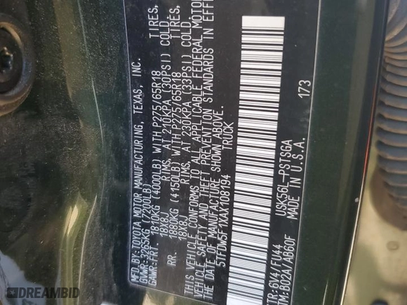 2010 Toyota Tundra 4WD Truck with VIN 5TFDW5F1XAX108194, listed as a Copart auction lot 47554125 with 184,296 mi miles and Salvage Title. Bid and sale history available at carsss.com. Image 12.