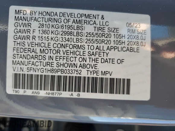 2023 Honda Pilot Elite with VIN 5FNYG1H89PB033752, listed as a Copart auction lot 86025924 with 31,547 mi miles and Salvage Title. Bid and sale history available at carsss.com. Image 15.