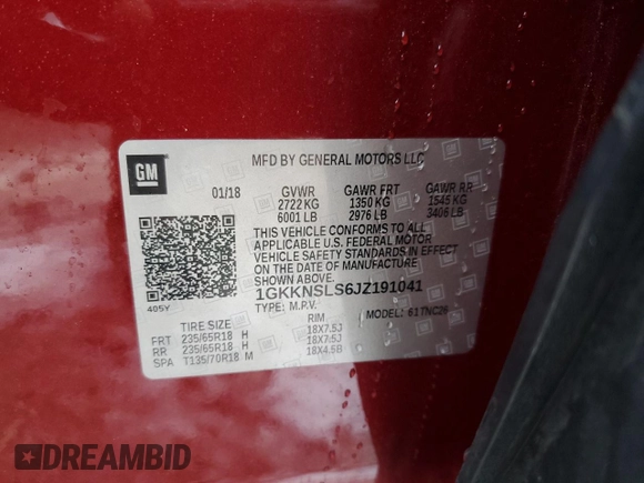 2018 GMC Acadia SLE z VIN 1GKKNSLS6JZ191041, wystawiony jako Copart lot #41793965 z przebiegiem 60 671 mil mil oraz Szkoda całkowita • Salvage title. Historia ofert i sprzedaży dostępna na DreamBid. Obrazek 13.