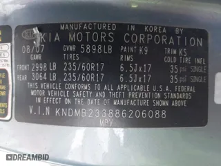 2008 Kia Sedona LX with VIN KNDMB233886206088, listed as a IAAI auction lot 41948185 with 203,327 mi miles. Bid and sale history available at carsss.com. Image 9.
