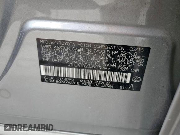 2018 Lexus IS 300 with VIN JTHBA1D22J5072649, listed as a Copart auction lot 58249175 with 135,160 mi miles and Salvage title. Bid and sale history available at DreamBid. Image 12.