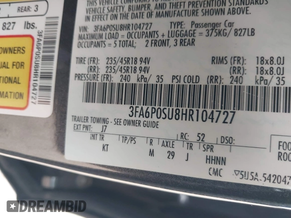 2017 Ford Fusion Titanium with VIN 3FA6P0SU8HR104727, listed as a IAAI auction lot 41242482 with 83,021 mi miles and . Bid and sale history available at DreamBid. Image 9.