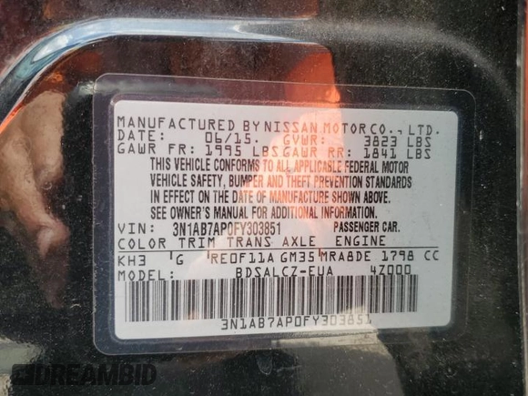 2015 Nissan Sentra S with VIN 3N1AB7AP0FY303851, listed as a Copart auction lot 54795265 with 123,385 mi miles and Salvage Title. Bid and sale history available at carsss.com. Image 12.