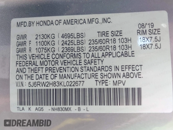 2019 Honda CR-V EX-L with VIN 5J6RW2H83KL022677, listed as a IAAI auction lot 41740625 with 41,779 mi miles. Bid and sale history available at carsss.com. Image 9.