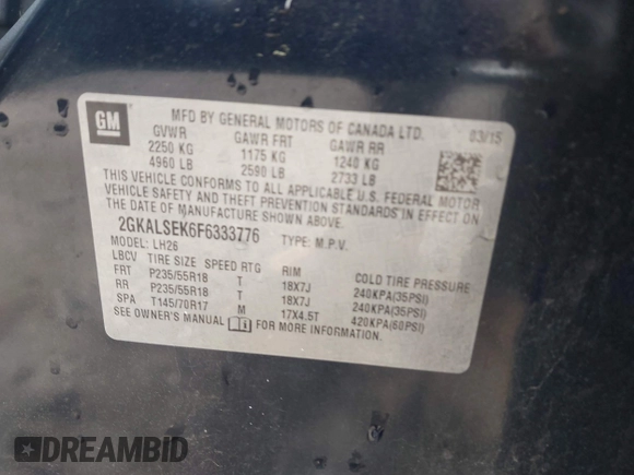 2015 GMC Terrain SLT z VIN 2GKALSEK6F6333776, wystawiony jako IAAI lot #42011295 z przebiegiem 133 831 mil mil oraz . Historia ofert i sprzedaży dostępna na DreamBid. Obrazek 9.
