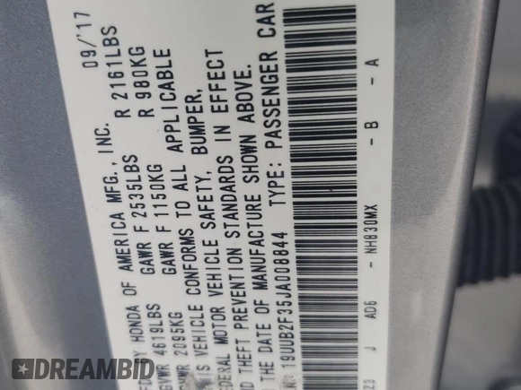 2018 Acura TLX with VIN 19UUB2F35JA008844, listed as a Copart auction lot 61119385 with 56,797 mi miles and Salvage title. Bid and sale history available at DreamBid. Image 12.