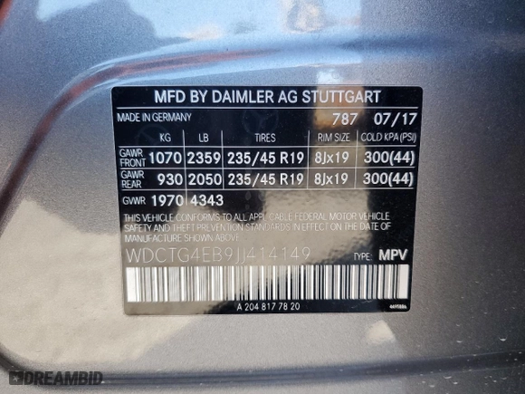 2018 Mercedes-Benz GLA with VIN WDCTG4EB9JJ414149, listed as a Copart auction lot 50542435 with 105,179 mi miles and Salvage Title. Bid and sale history available at carsss.com. Image 13.