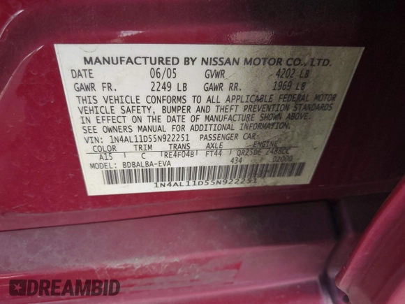 2005 Nissan Altima 2.5 S with VIN 1N4AL11D55N922251, listed as a IAAI auction lot 41964617 with 155,222 mi miles. Bid and sale history available at carsss.com. Image 9.