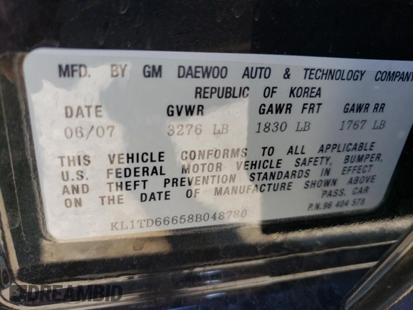 2008 Chevrolet Aveo LS with VIN KL1TD66658B048780, listed as a Copart auction lot 88987715 with 51 mi miles and Salvage Title. Bid and sale history available at DreamBid. Image 12.