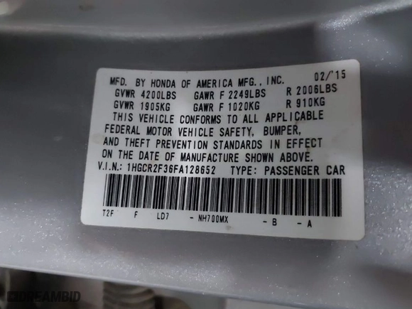 2015 Honda Accord Sedan LX with VIN 1HGCR2F36FA128652, listed as a IAAI auction lot 41562022 with 160,731 mi miles. Bid and sale history available at carsss.com. Image 9.