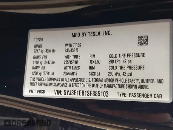 2025 Tesla Model 3 Long Range with VIN 5YJ3E1EB1SF885103, listed as a IAAI auction lot 41926295 with Not provided miles and . Bid and sale history available at DreamBid. Image 9.