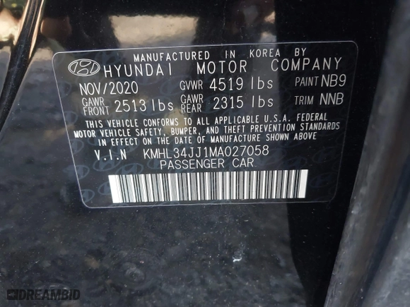 2021 Hyundai Sonata Hybrid SEL with VIN KMHL34JJ1MA027058, listed as a IAAI auction lot 41187431 with 39,437 mi miles. Bid and sale history available at carsss.com. Image 9.