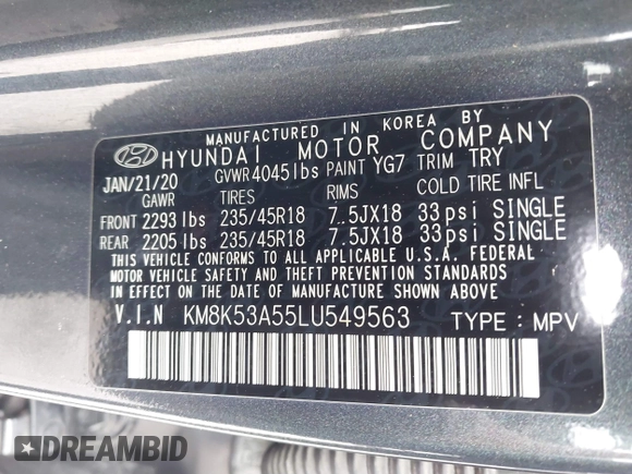 2020 Hyundai Kona Ultimate with VIN KM8K53A55LU549563, listed as a IAAI auction lot 41714066 with 101,444 mi miles. Bid and sale history available at carsss.com. Image 9.