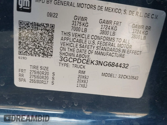 2022 Chevrolet Silverado 1500 Custom Trail Boss with VIN 3GCPDCEK3NG684432, listed as a IAAI auction lot 41896116 with 37,523 mi miles and . Bid and sale history available at DreamBid. Image 9.