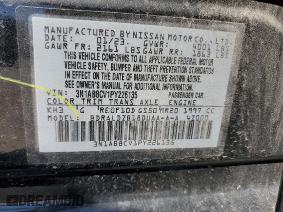 2023 Nissan Sentra SV with VIN 3N1AB8CV1PY226135, listed as a Copart auction lot 52168125 with 63,393 mi miles and Salvage Title. Bid and sale history available at DreamBid. Image 15.