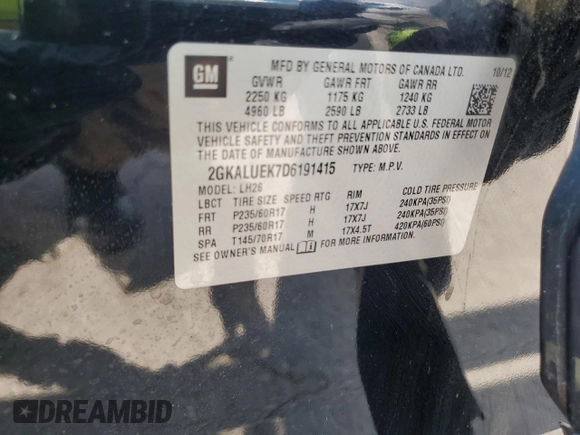 2013 GMC Terrain SLT with VIN 2GKALUEK7D6191415, listed as a Copart auction lot 63070635 with 108,349 mi miles and Clean title. Bid and sale history available at DreamBid. Image 14.