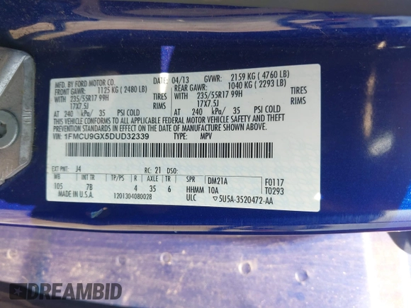 2013 Ford Escape SE with VIN 1FMCU9GX5DUD32339, listed as a IAAI auction lot 42614416 with 151,402 mi miles and . Bid and sale history available at DreamBid. Image 9.